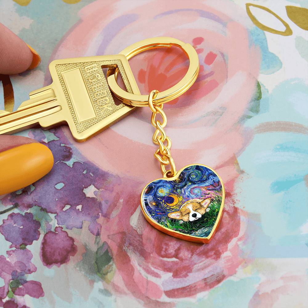 Sleeping Corgi Starry Night Heart Keychain