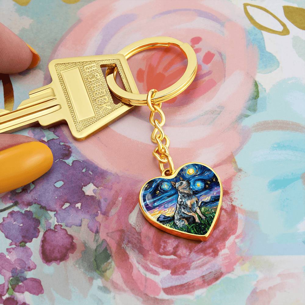 Blue Heeler Starry Night Heart Keychain