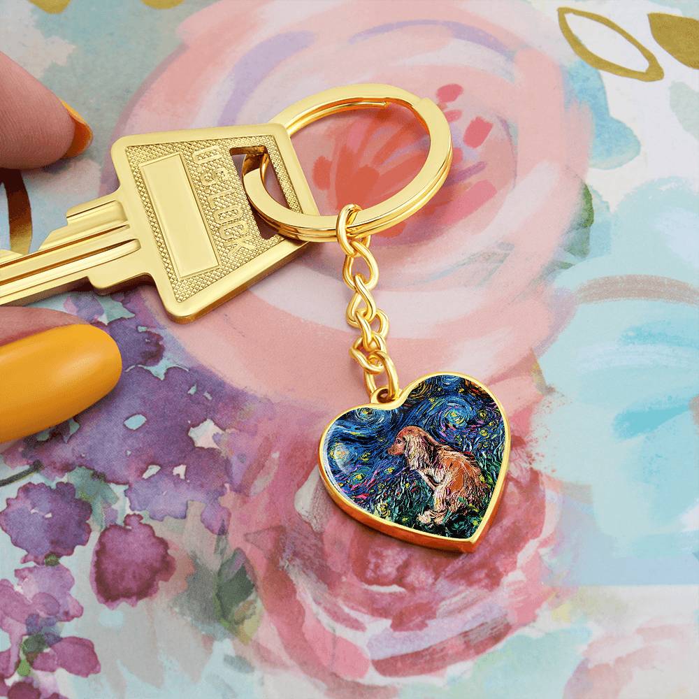 Long Hair Brown Dachshund Starry Night Heart Keychain