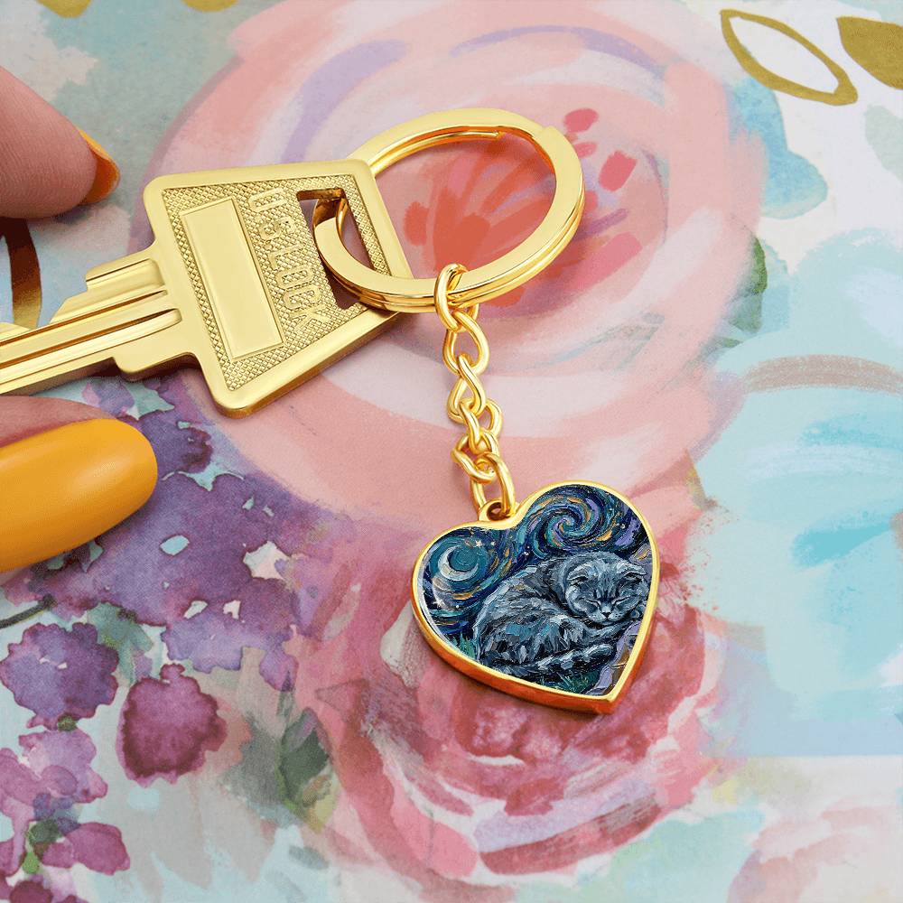 Sleepy Scottish Fold Night Heart Keychain