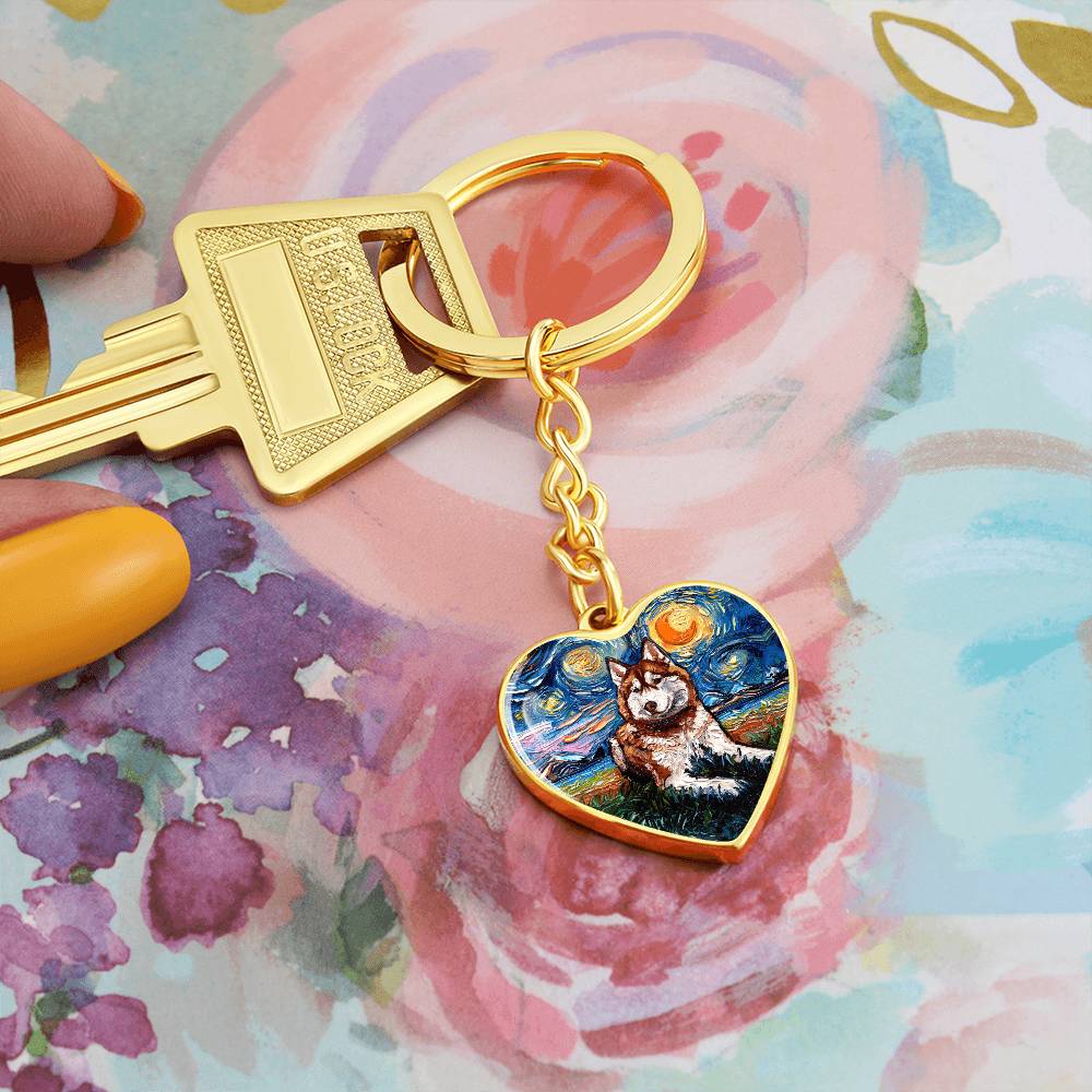 Red Husky Starry Night Heart Keychain