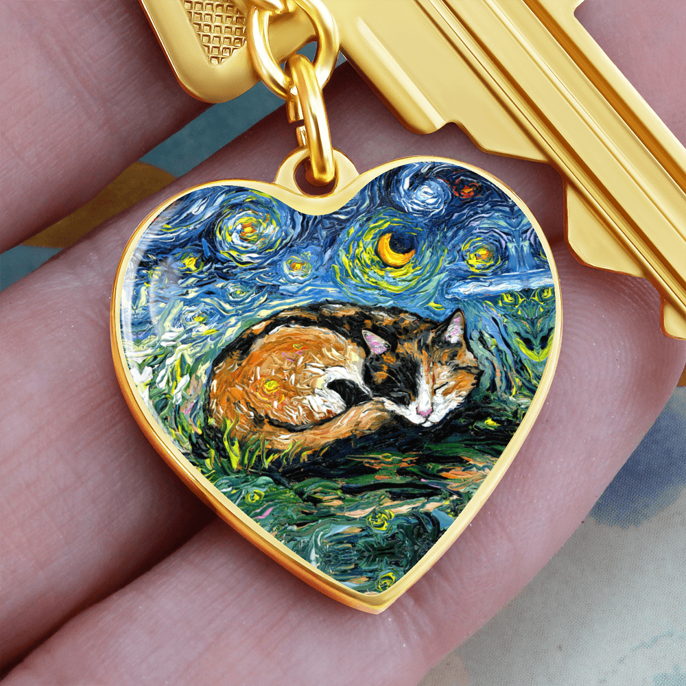 Sleeping Calico Cat Starry Night Heart Keychain