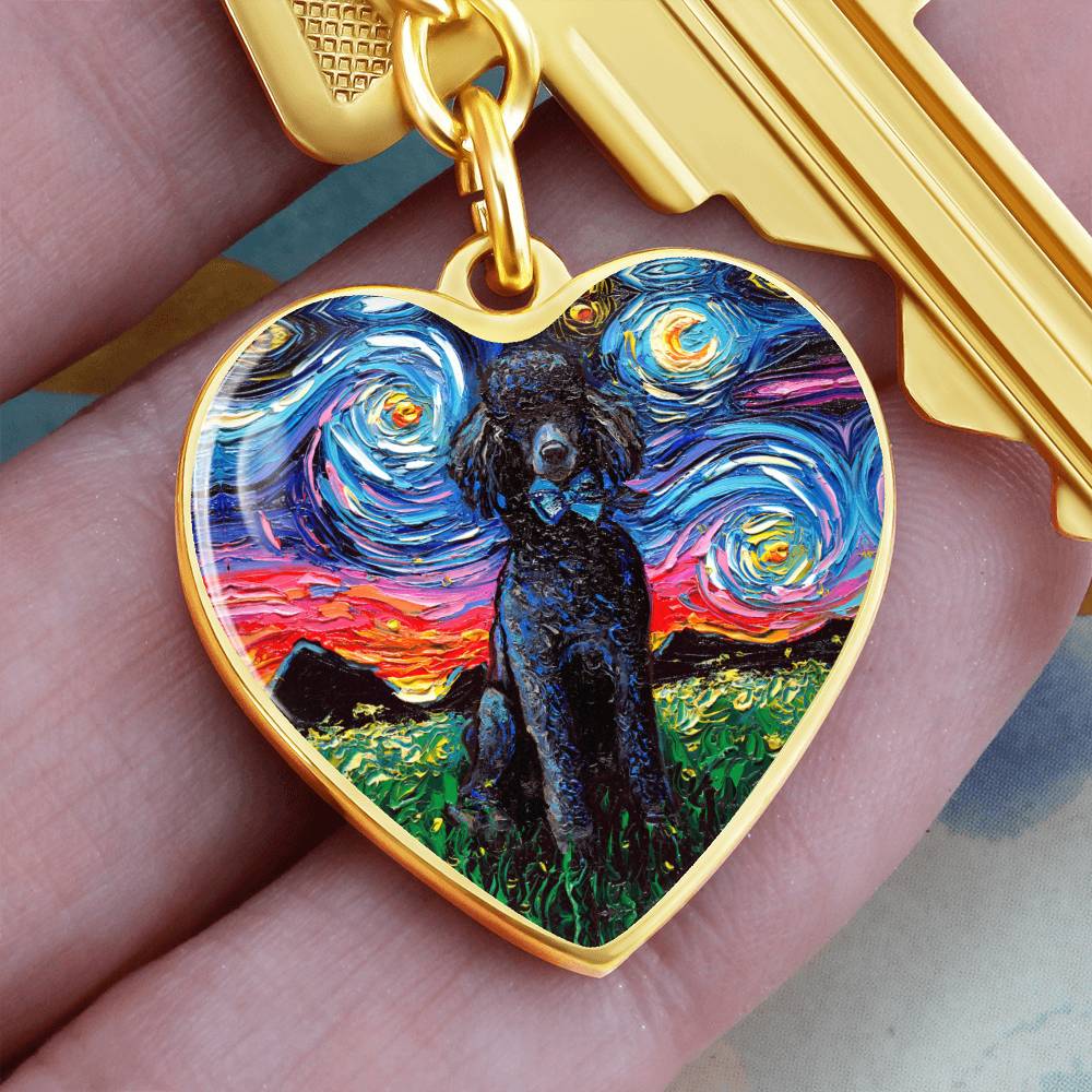 Black Poodle Starry Night Heart Keychain