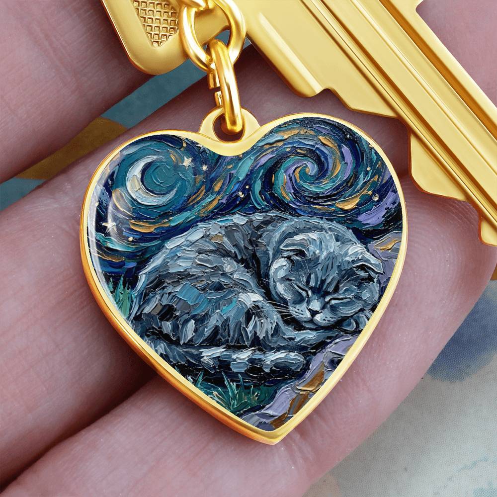 Sleepy Scottish Fold Night Heart Keychain