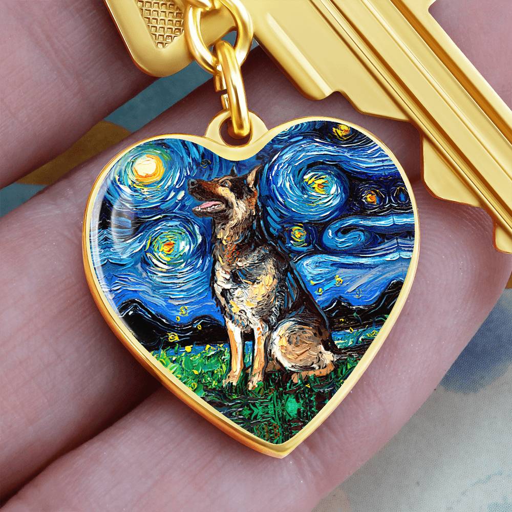 German Shepherd Starry Night Heart Keychain
