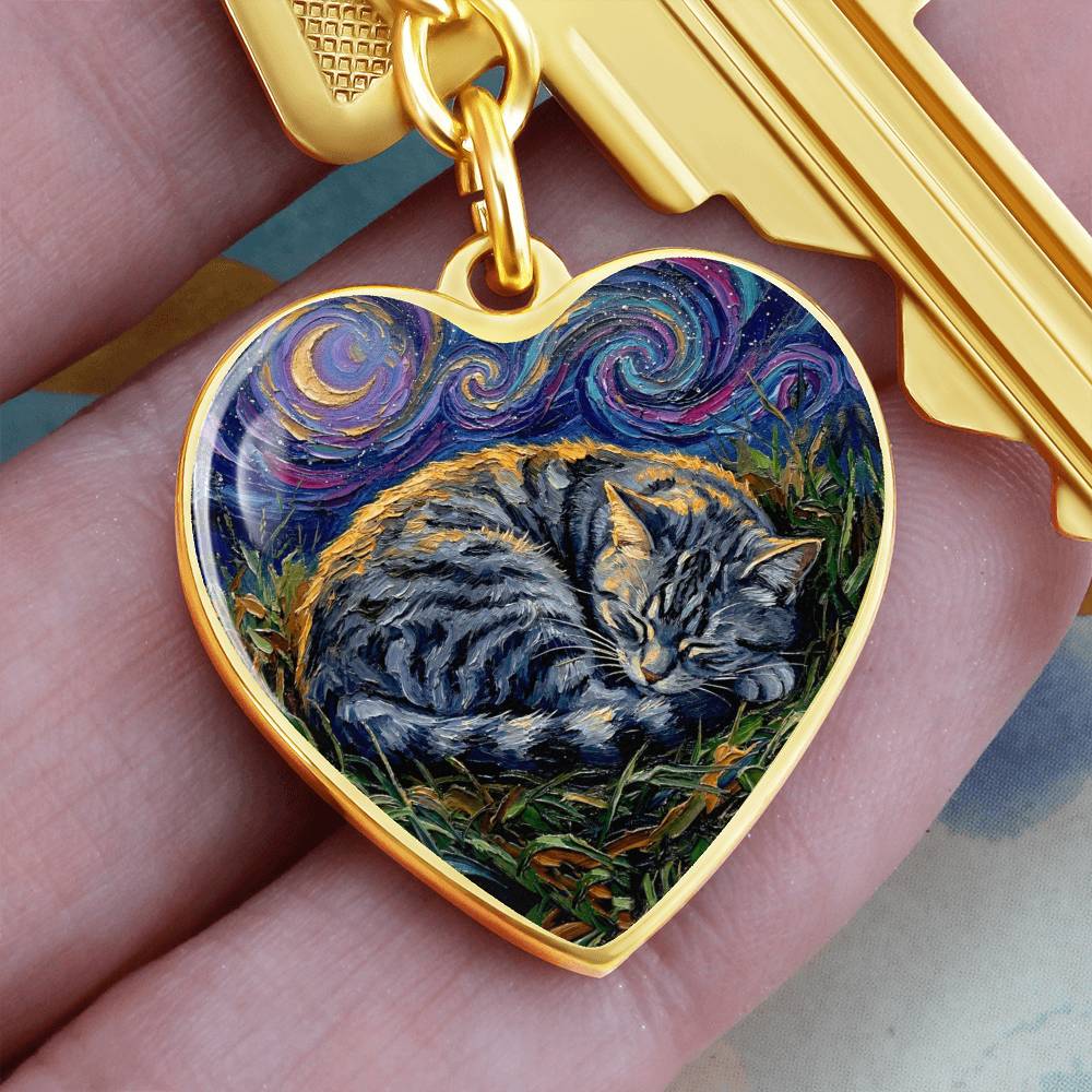Sleepy American Shorthair Tabby Heart Keychain