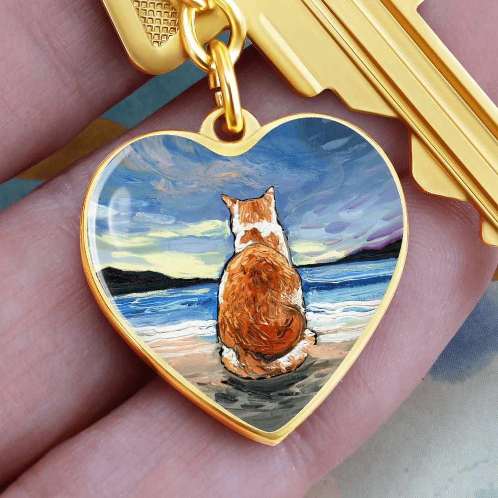 Beach Days - Orange and White Tabby Heart Keychain