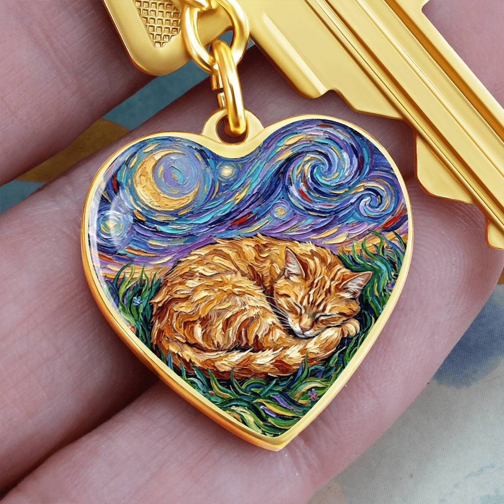 Sleepy Orange Tabby Night Heart Keychain