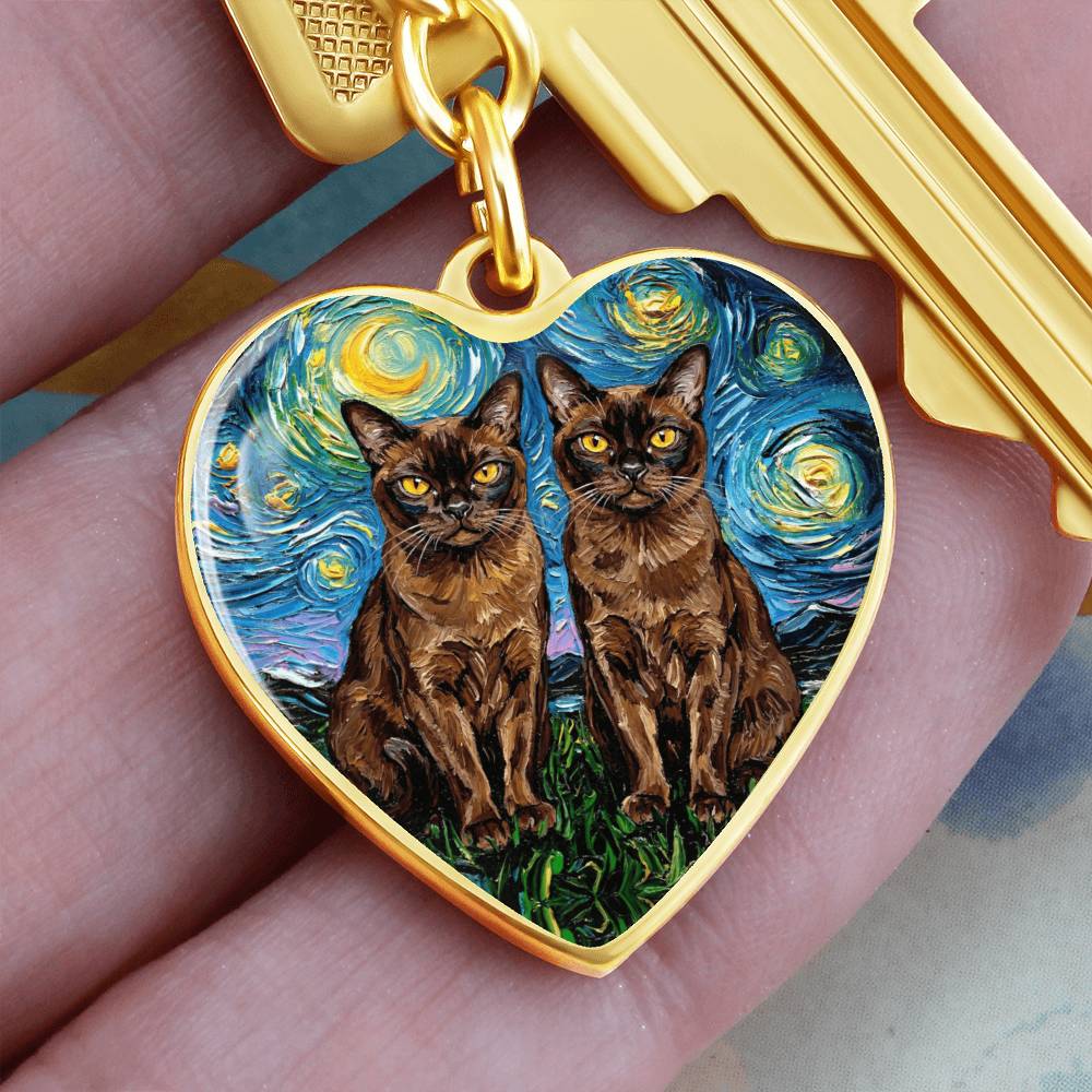 Burnese Cat Night Heart Keychain