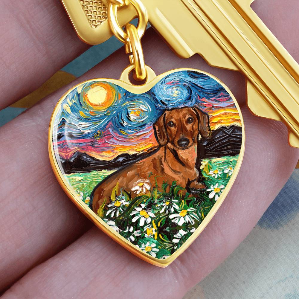 Brown Dachshund and Flowers Starry Night Heart Keychain