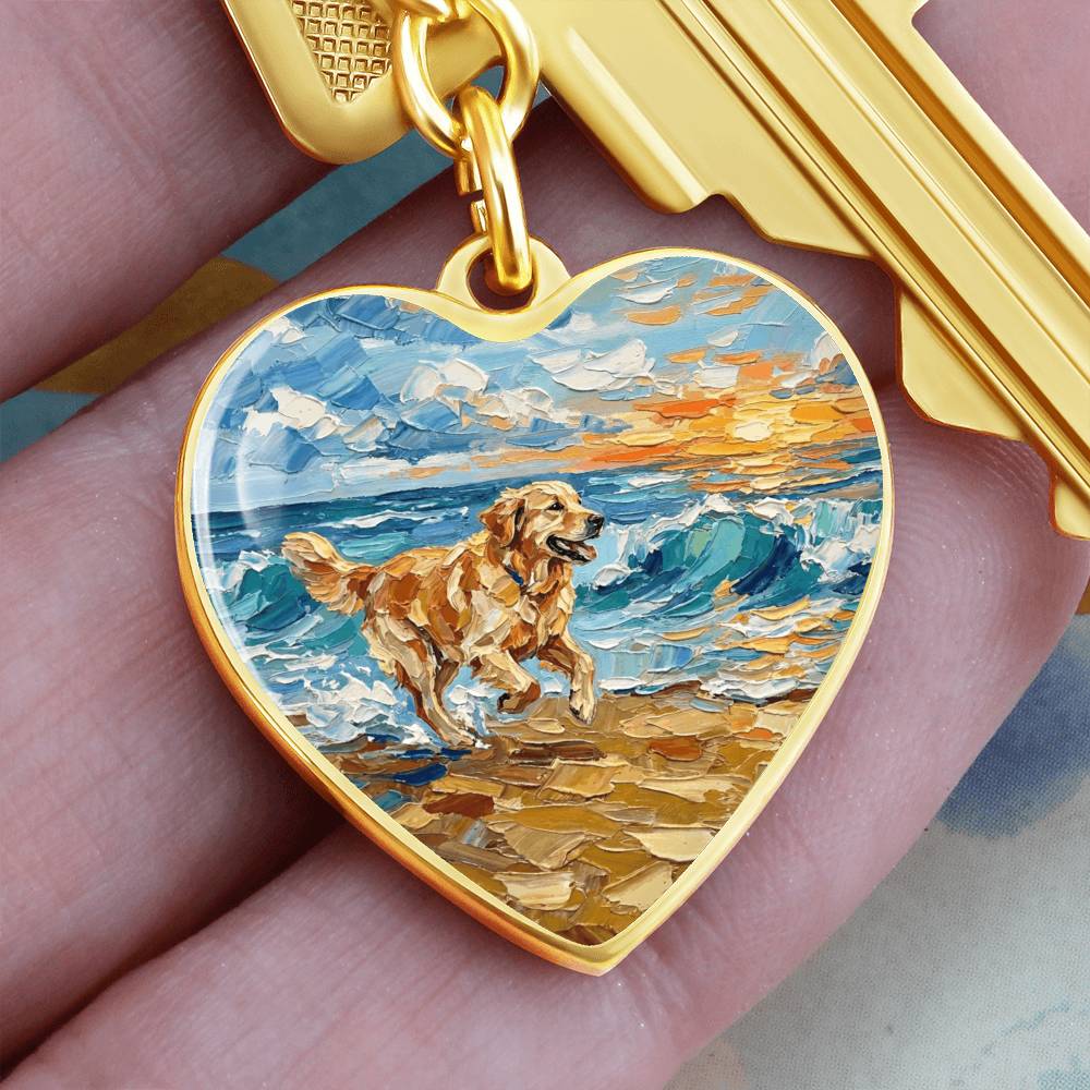 Frolicking Golden Retriever Heart Keychain