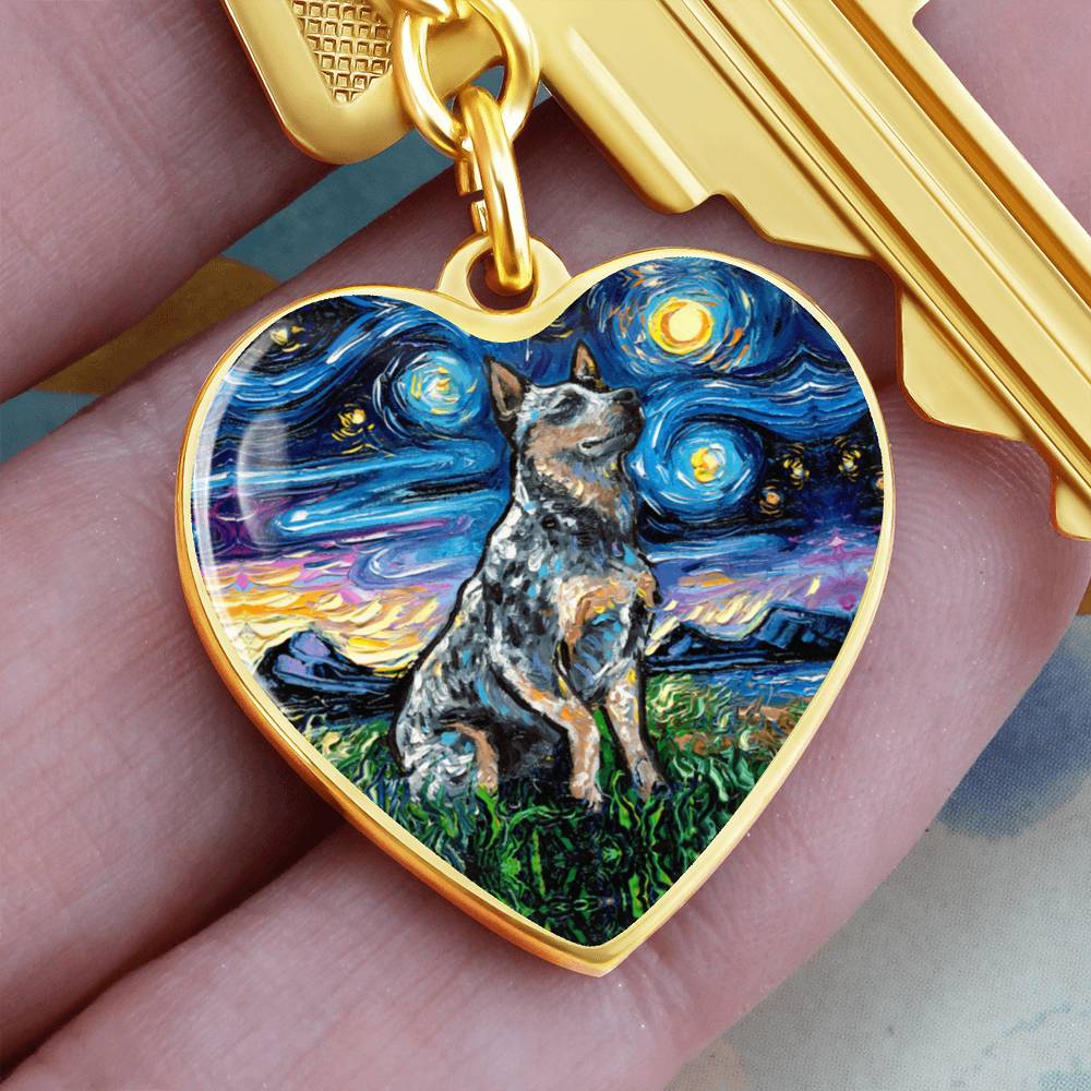 Blue Heeler Starry Night Heart Keychain