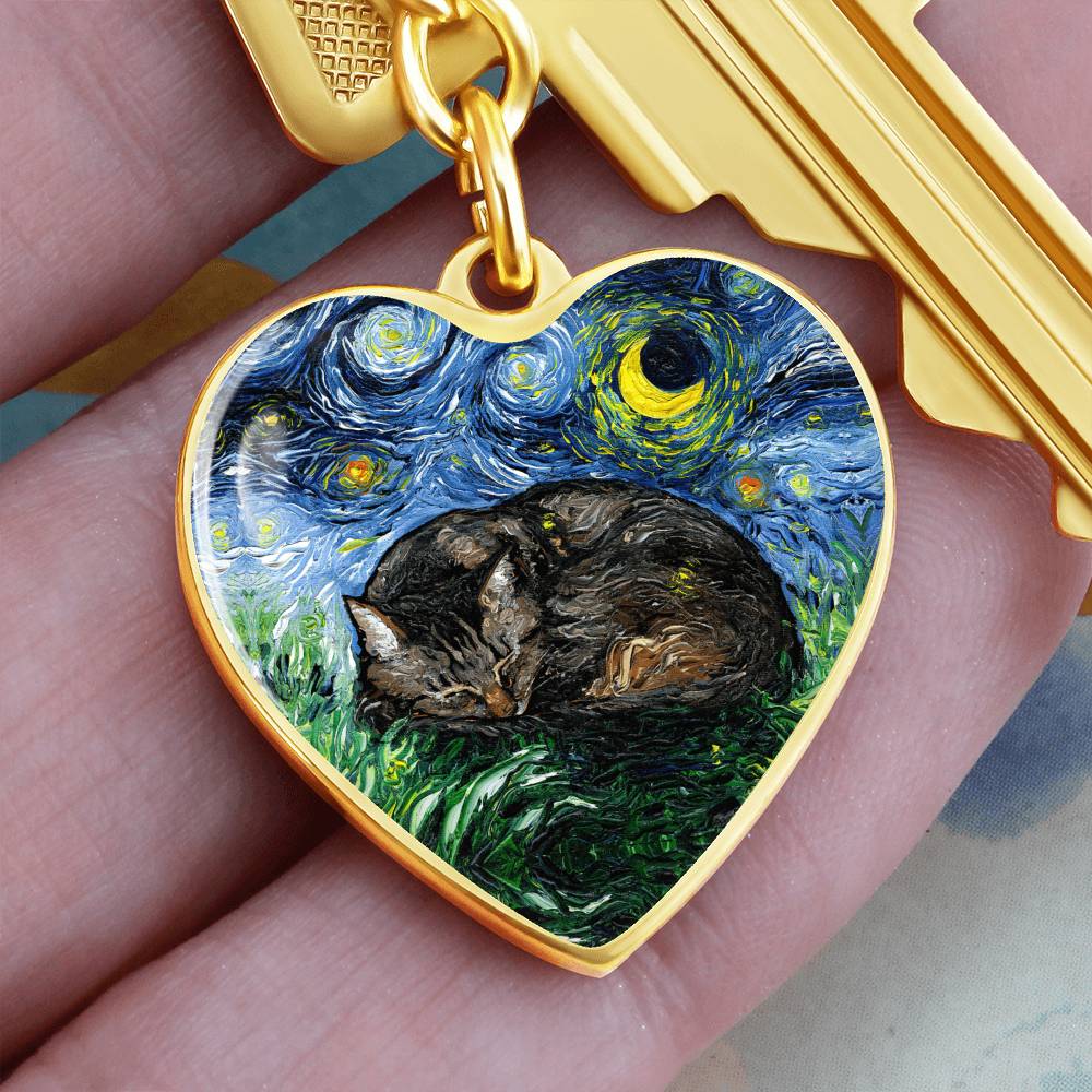 Sleeping Brown Tabby Cat Starry Night Heart Keychain