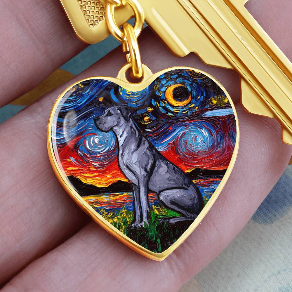 Blue Great Dane Starry Night Heart Keychain