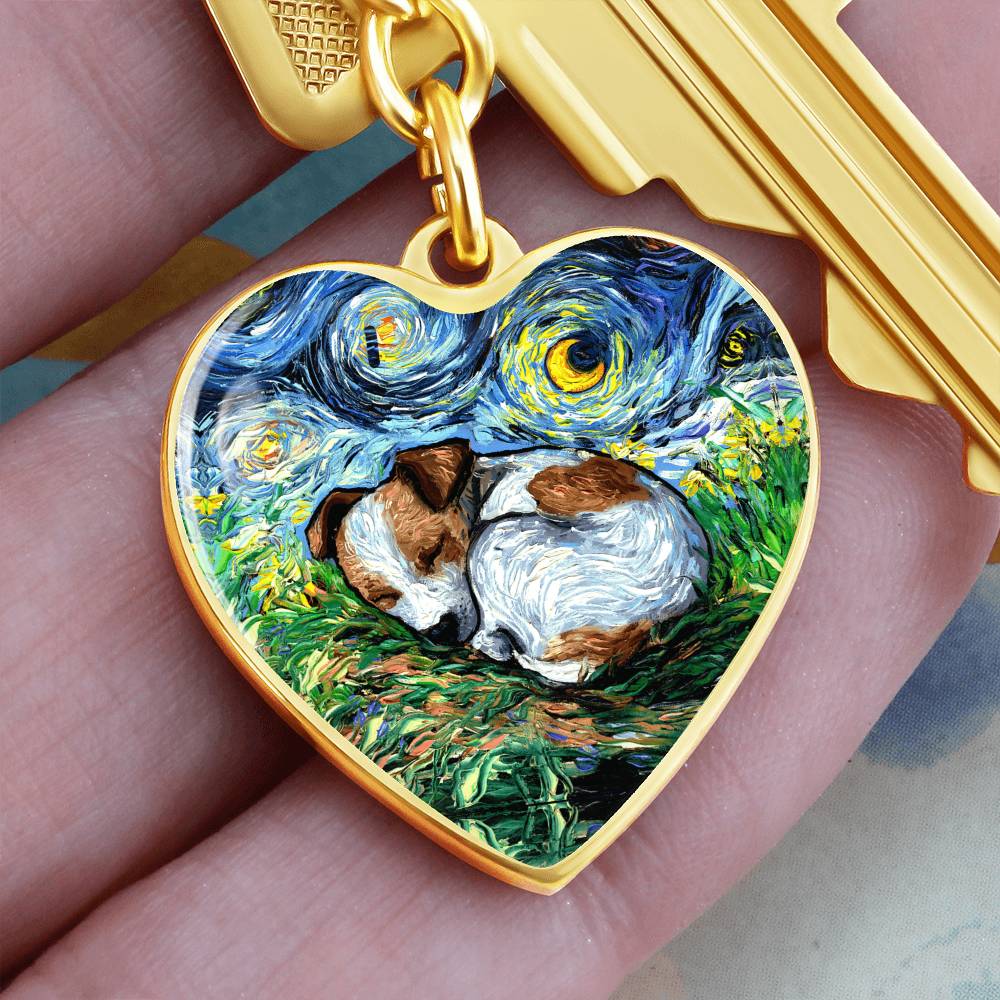 Sleeping Jack Russell Terrier Starry Night Heart Keychain