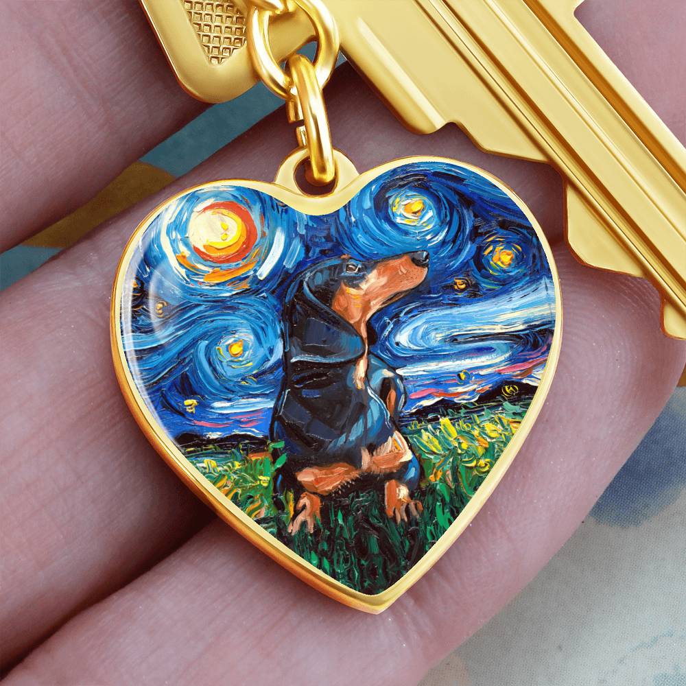 Black and Tan Dachshund Starry Night Heart Keychain