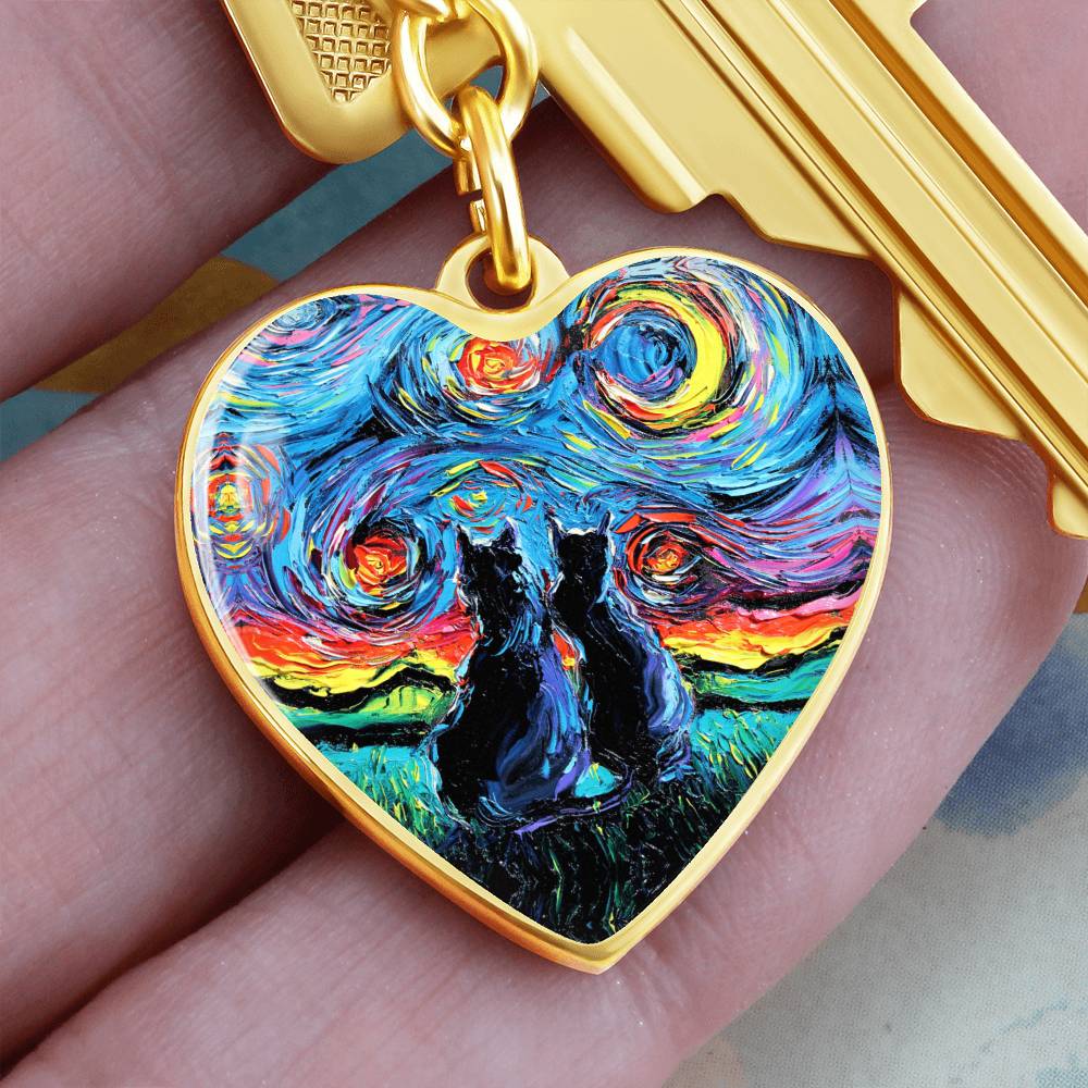 Van Gogh;s Cats Starry Night Heart Keychain