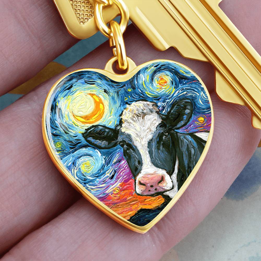 Holstein Cow Starry Night Heart Keychain