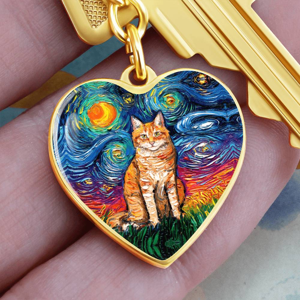Orange Tabby Cat Starry Night Heart Keychain