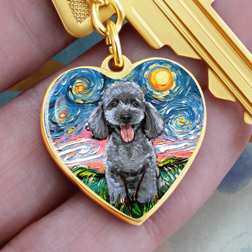 Silver Poodle Starry Night Heart Keychain