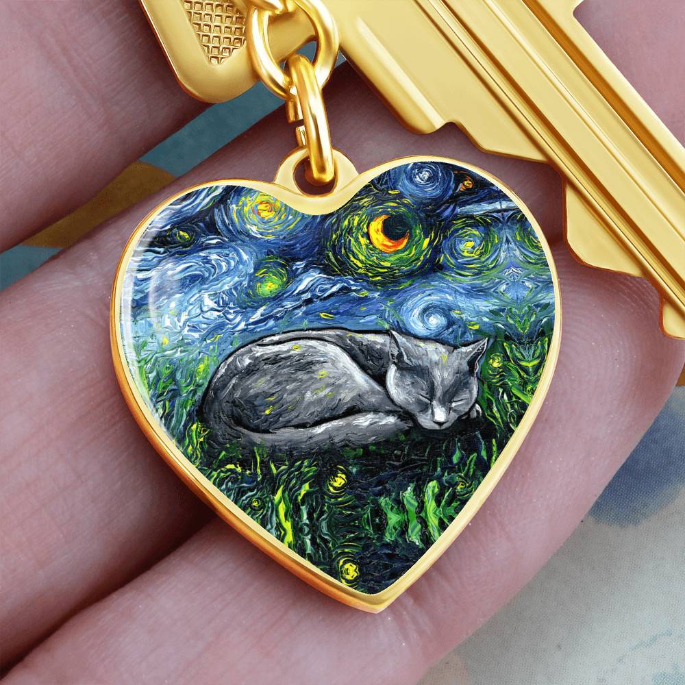Russian Blue Cat Starry Night Heart Keychain