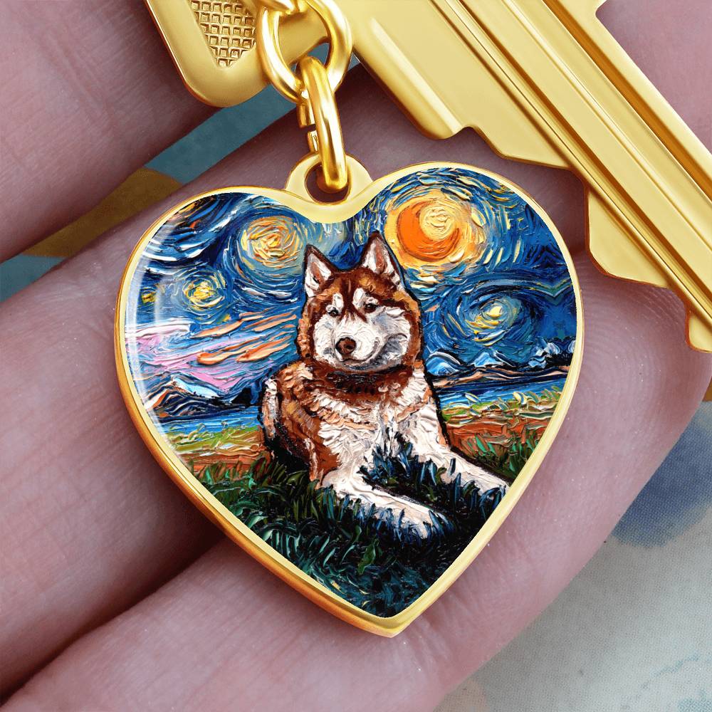 Red Husky Starry Night Heart Keychain