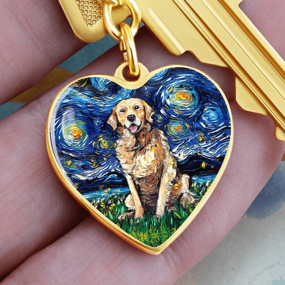 Golden Retriever Starry Night Heart Keychain