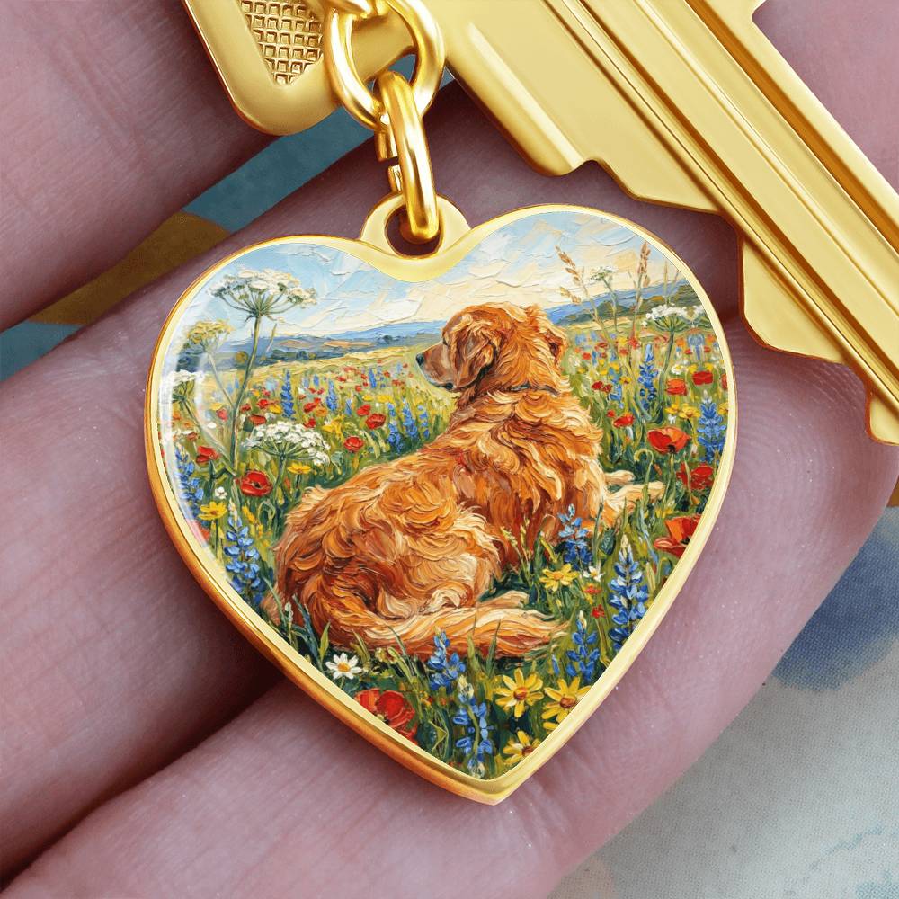 Amongst The Flowers - Golden Retriever Heart Keychain