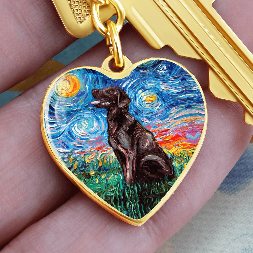Chocolate Labrador Starry Night Heart Keychain