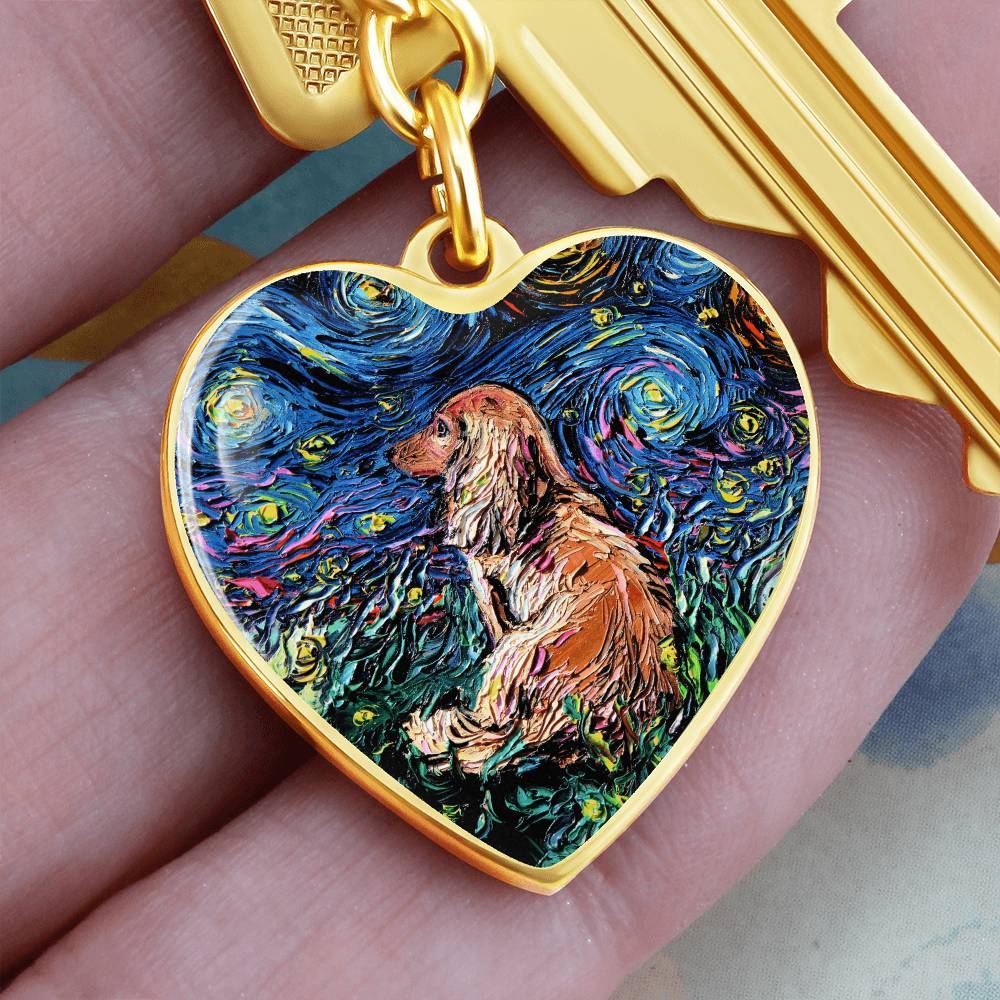 Long Hair Brown Dachshund Starry Night Heart Keychain