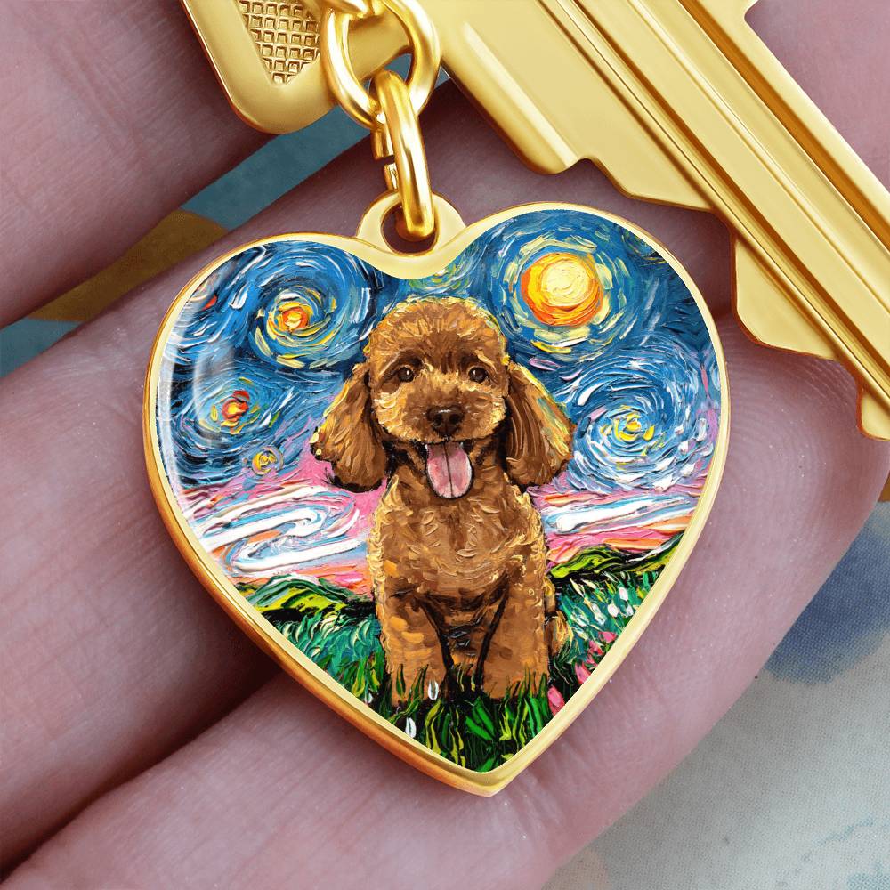 Apricot Poodle Puppy Starry Night Heart Keychain
