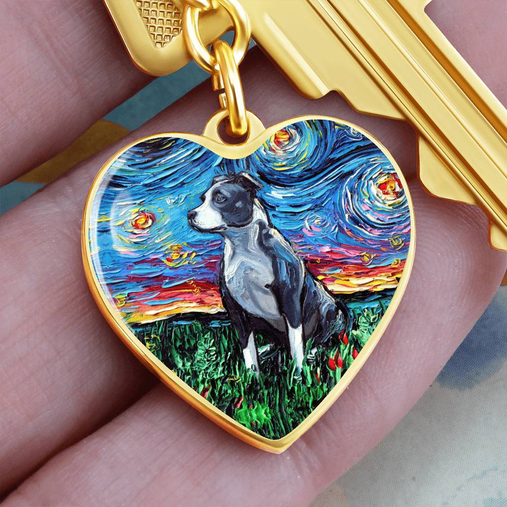 Pit Bull Starry Night Heart Keychain