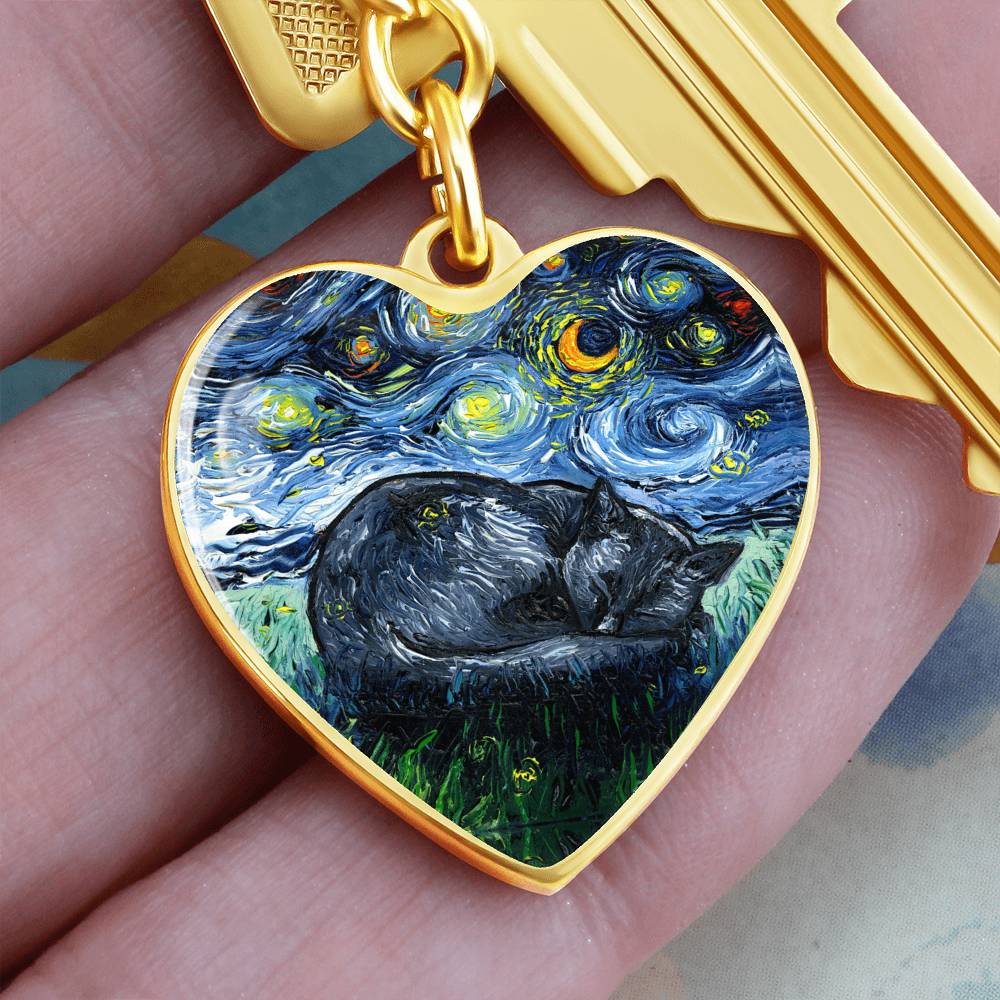 Sleeping Black Cat Starry Night Heart Keychain