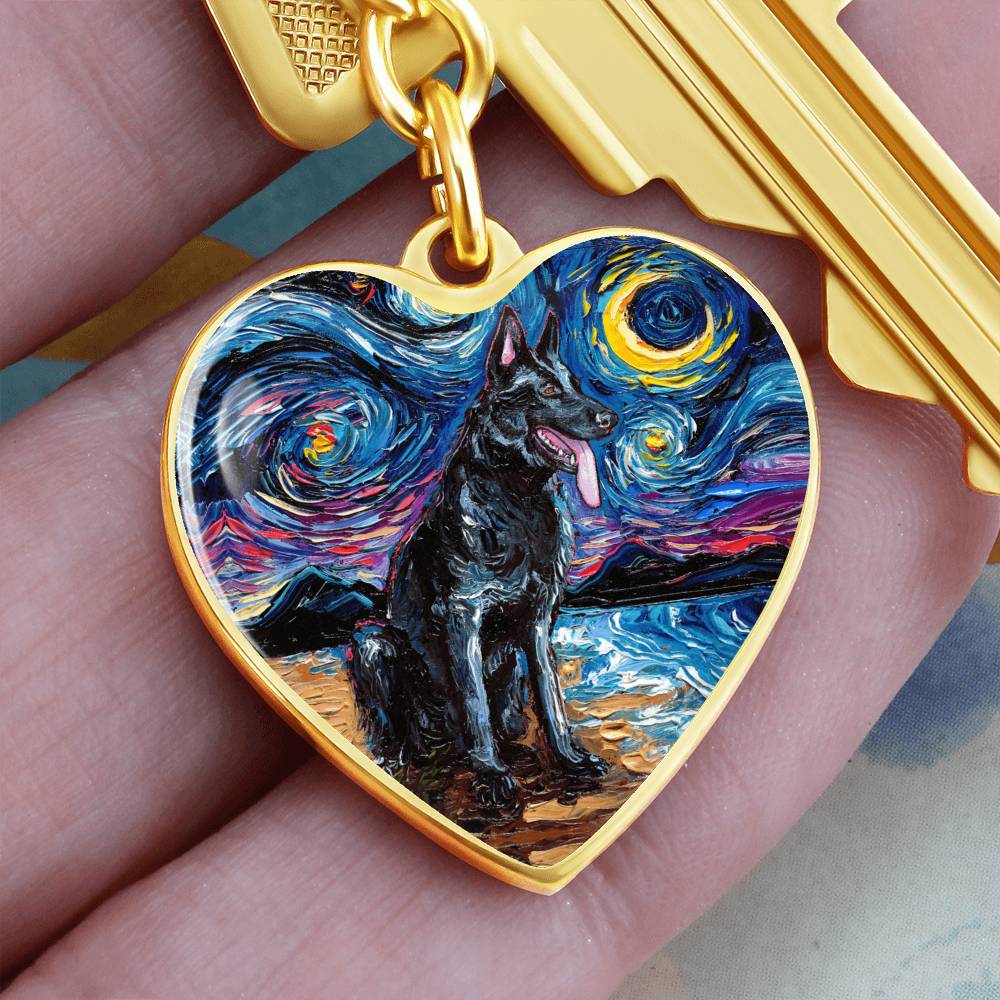 Black German Shepherd Starry Night Heart Keychain