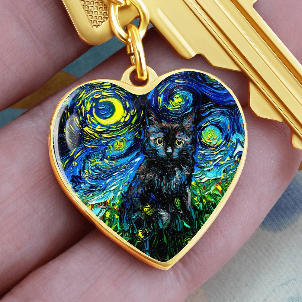 Black Cat 2 Starry Night Heart Keychain