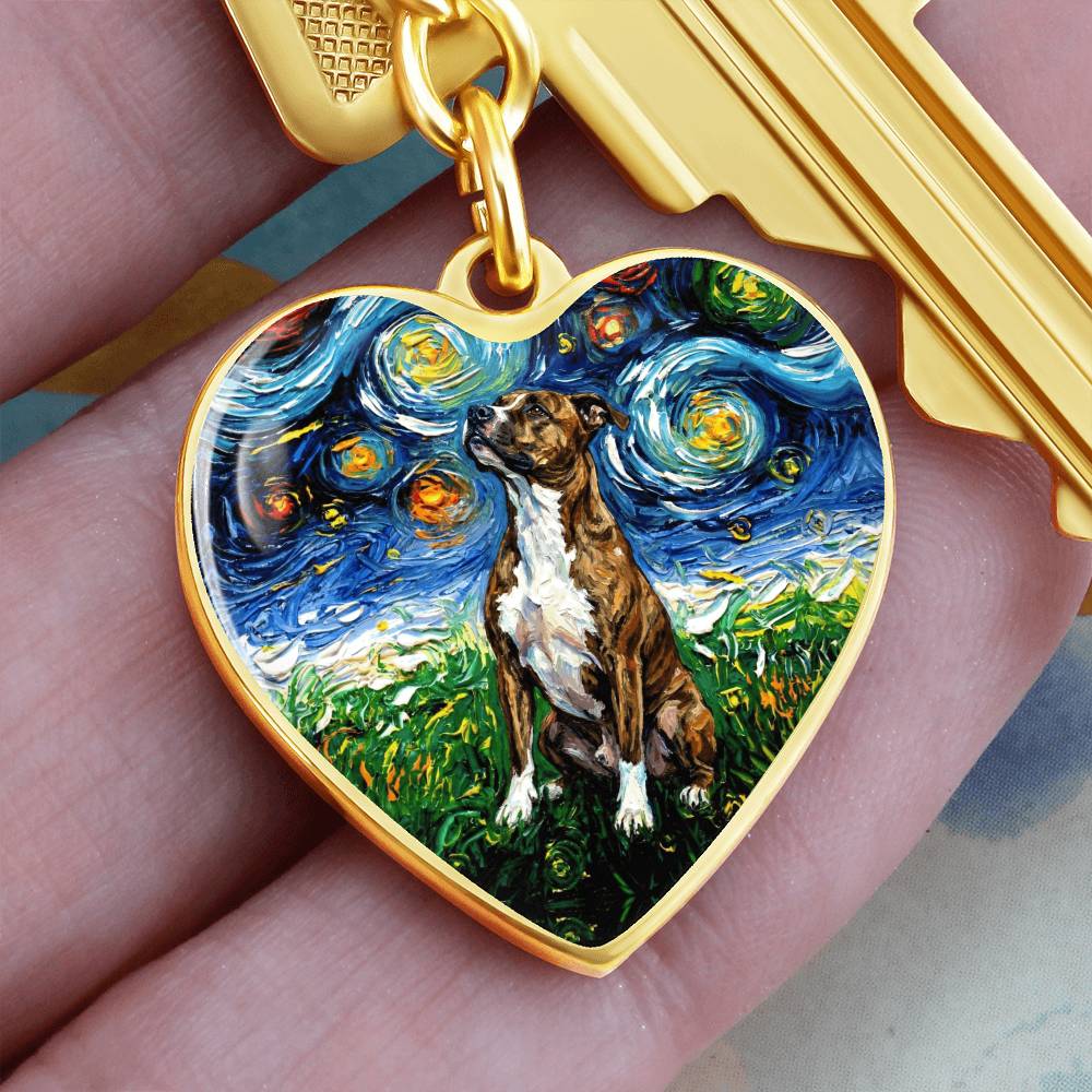 Staffordshire Bull Terrier Starry Night Heart Keychain