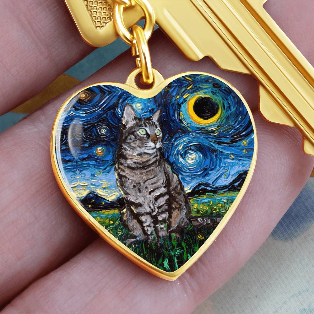 Tabby Cat Starry Night Heart Keychain