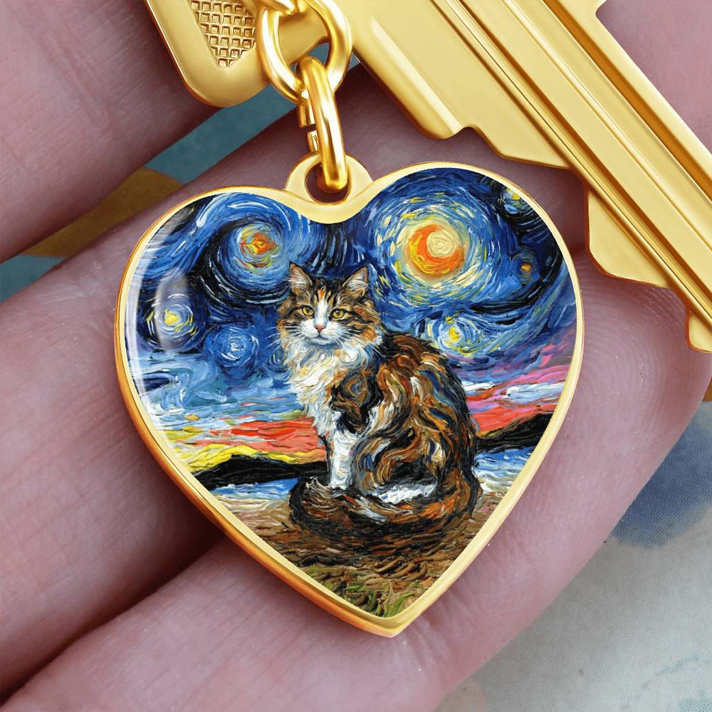 Calico Cat 2 Starry Night Heart Keychain