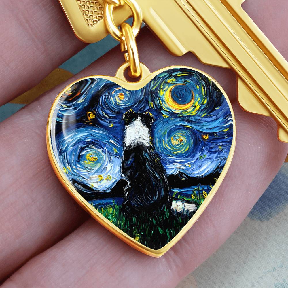 Border Collie Starry Night Heart Keychain