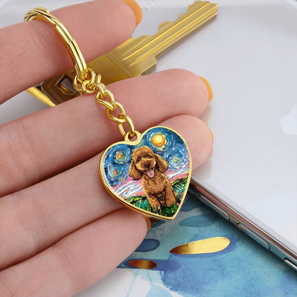 Apricot Poodle Puppy Starry Night Heart Keychain