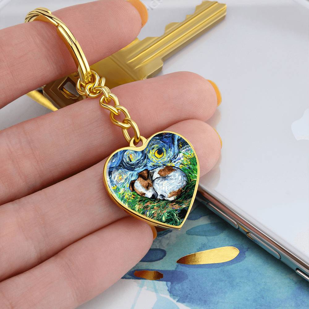 Sleeping Jack Russell Terrier Starry Night Heart Keychain