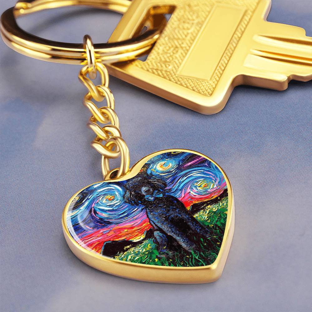 Black Poodle Starry Night Heart Keychain