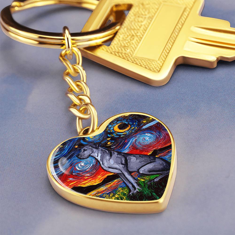 Blue Great Dane Starry Night Heart Keychain