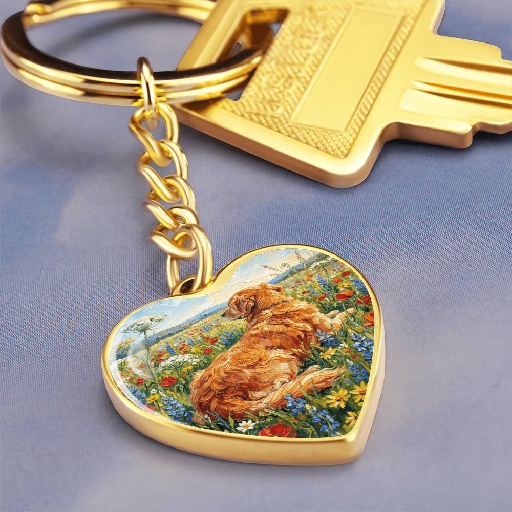 Amongst The Flowers - Golden Retriever Heart Keychain