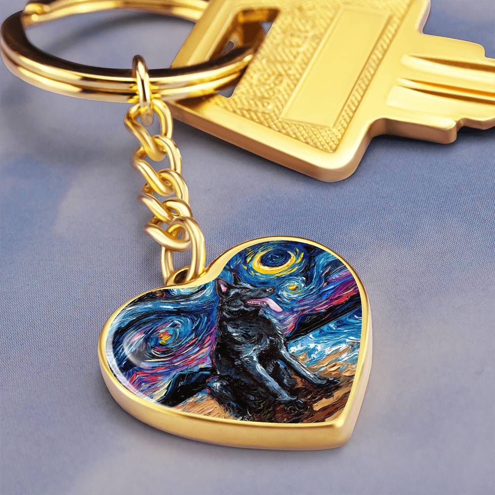 Black German Shepherd Starry Night Heart Keychain