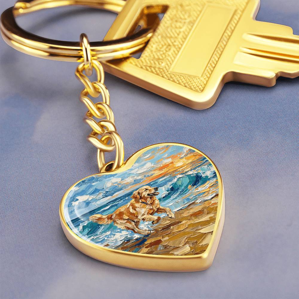 Frolicking Golden Retriever Heart Keychain