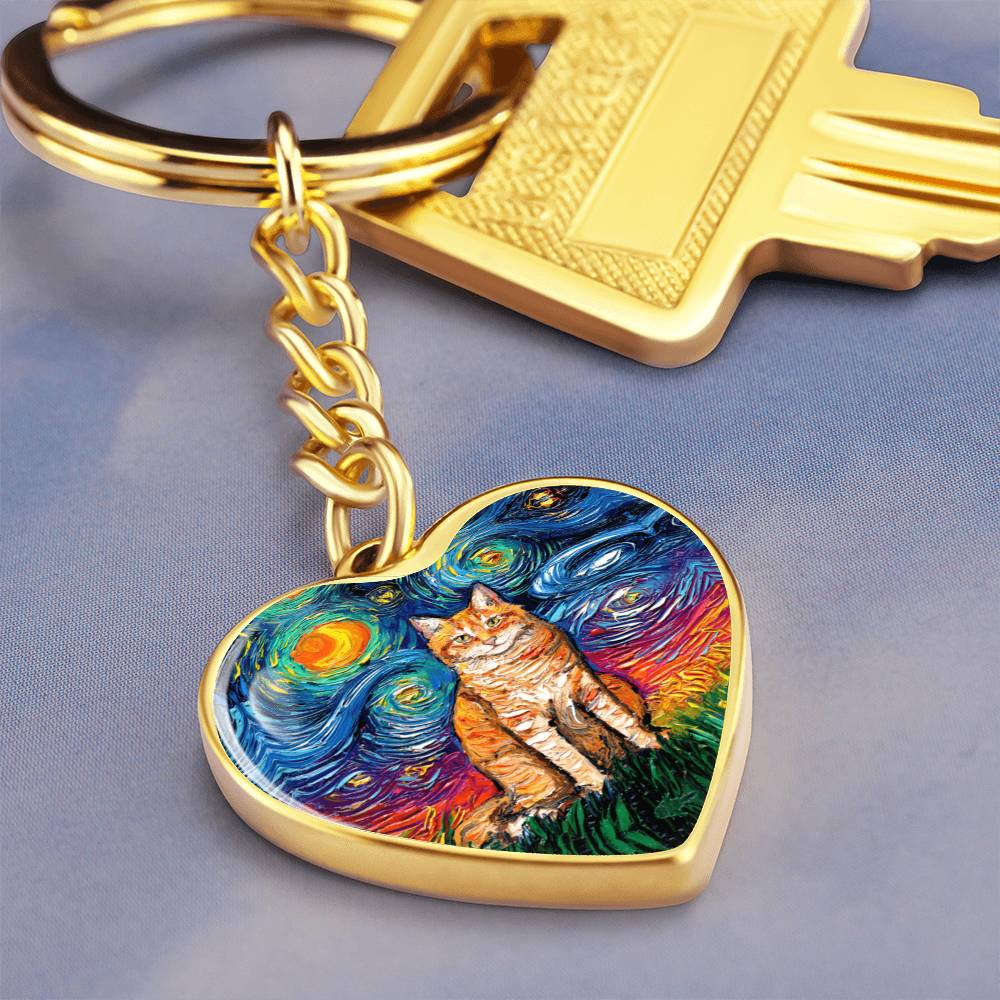 Orange Tabby Cat Starry Night Heart Keychain
