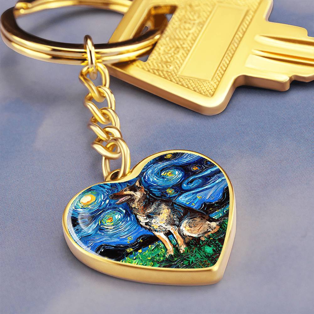 German Shepherd Starry Night Heart Keychain