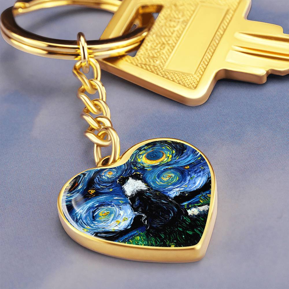 Border Collie Back Starry Night Heart Keychain