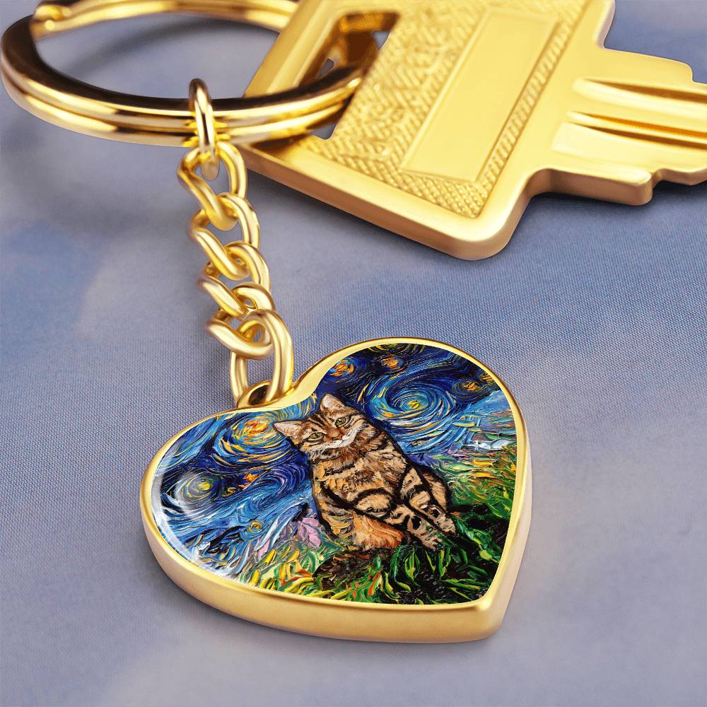 Brown Tabby Starry Night Heart Keychain